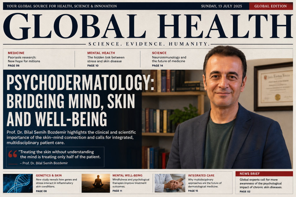 Newspaper-style feature highlighting psychodermatology with a portrait of Prof. Dr. Bilal Semih Bozdemir discussing the relationship between mental health and skin diseases.